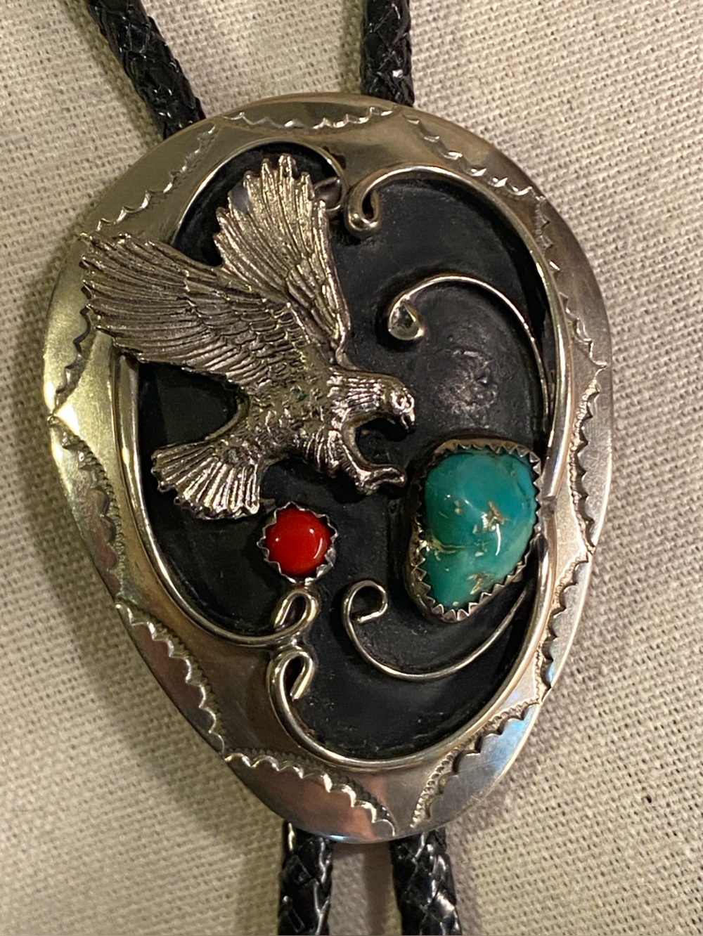 Vintage Southwestern Eagle Bolo Tie Turquoise Coral Nickel Silver Statement
